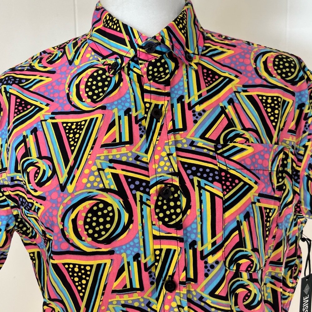 Super Massive retro 90’s Vapor Wave collared colorful geometric shirt cotton S - Picture 3 of 8
